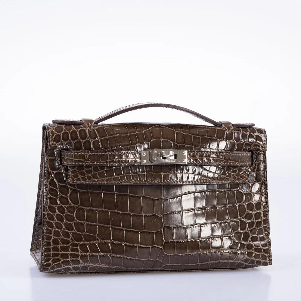 KELLY POCHETTE GRIS ELEPHANT SHINY NILO CROCODILE PALLADIUM HARDWARE