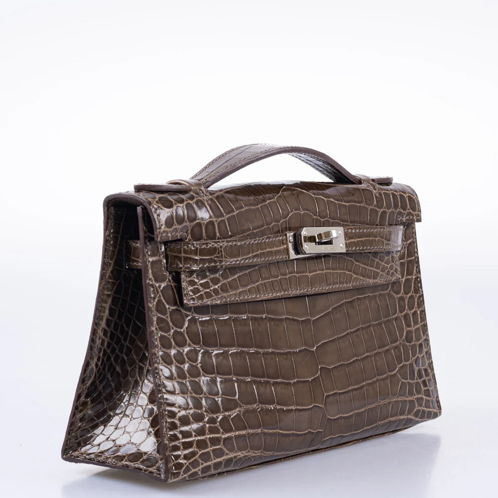 KELLY POCHETTE GRIS ELEPHANT SHINY NILO CROCODILE PALLADIUM HARDWARE