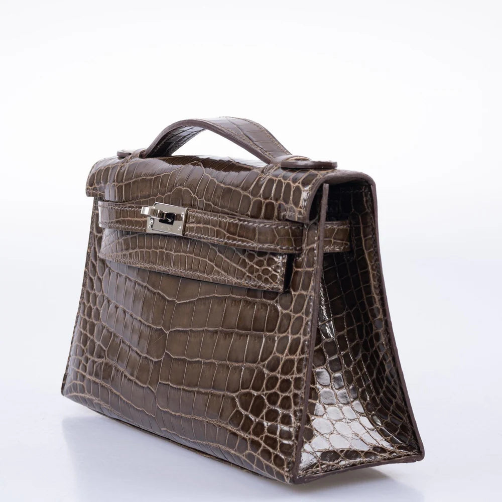 KELLY POCHETTE GRIS ELEPHANT SHINY NILO CROCODILE PALLADIUM HARDWARE