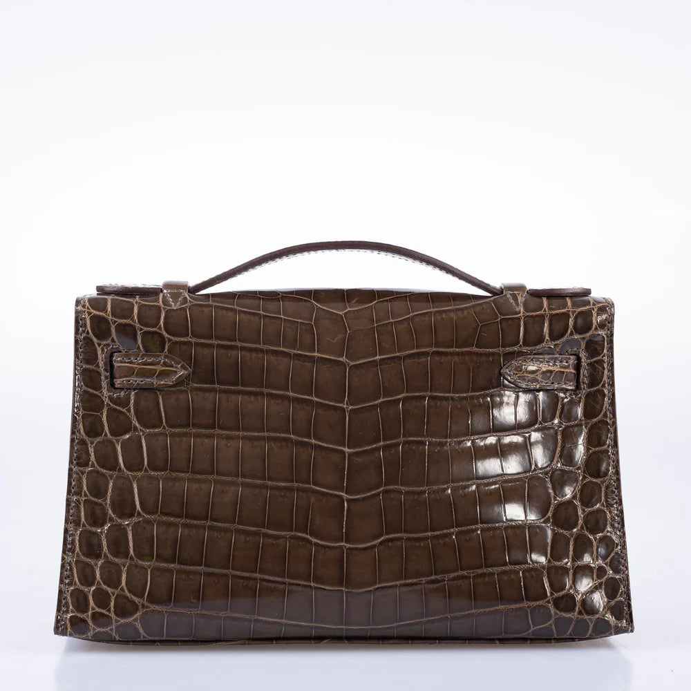 KELLY POCHETTE GRIS ELEPHANT SHINY NILO CROCODILE PALLADIUM HARDWARE
