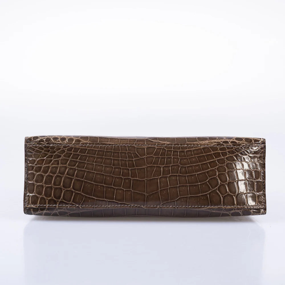 KELLY POCHETTE GRIS ELEPHANT SHINY NILO CROCODILE PALLADIUM HARDWARE