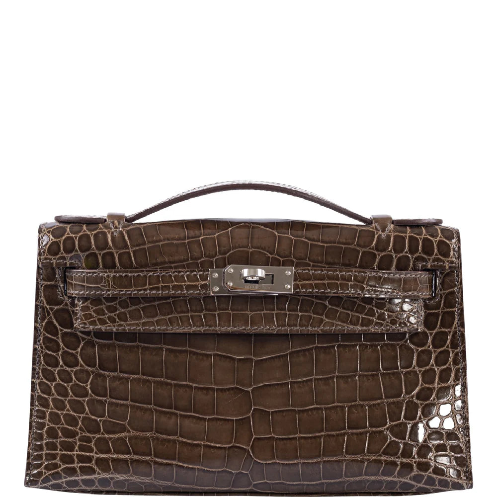 KELLY POCHETTE GRIS ELEPHANT SHINY NILO CROCODILE PALLADIUM HARDWARE