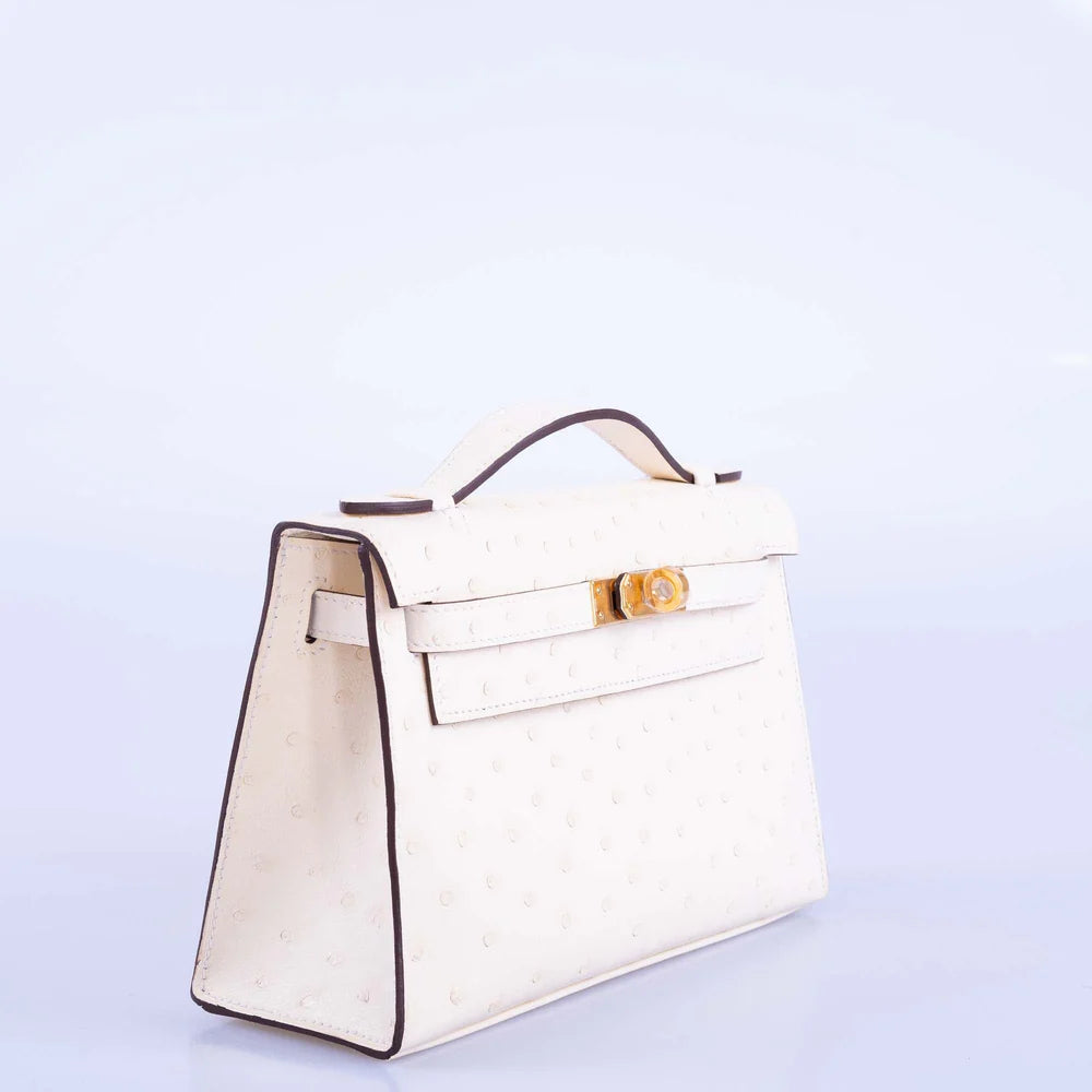 KELLY POCHETTE SELLIER NATA OSTRICH BOREAL WITH GOLD HARDWARE