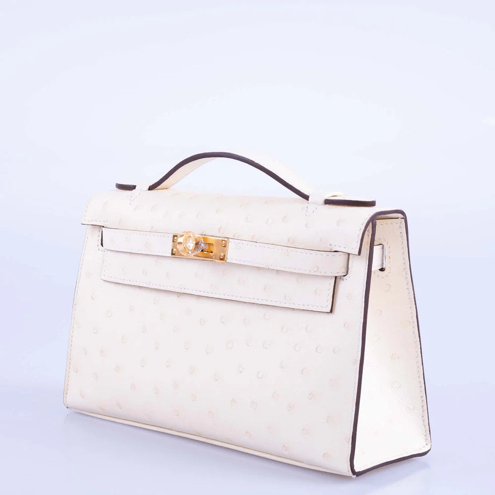 KELLY POCHETTE SELLIER NATA OSTRICH BOREAL WITH GOLD HARDWARE