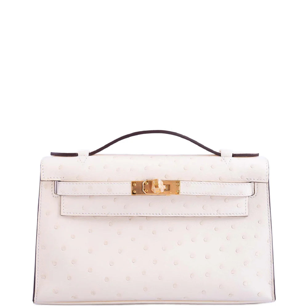 KELLY POCHETTE SELLIER NATA OSTRICH BOREAL WITH GOLD HARDWARE