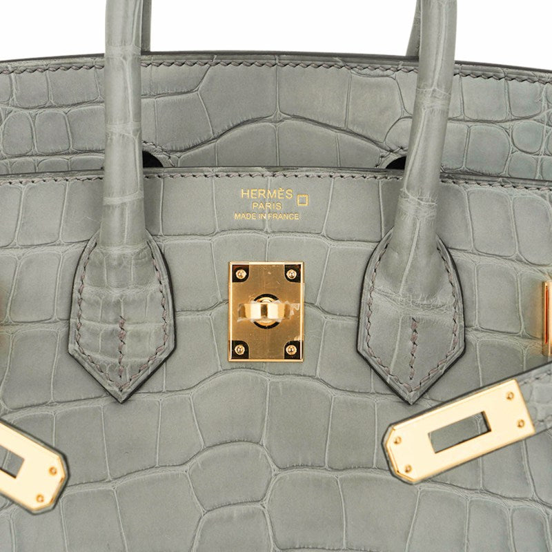 Birkin 25 Bag Gris Ciment Matte Alligator with Gold Hardware