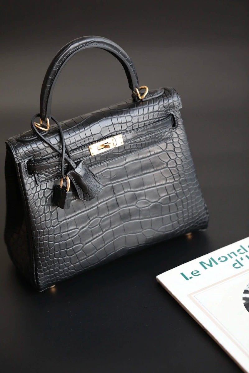 Hermes Kelly Retourne Bag in Matte Alligator Leather Black