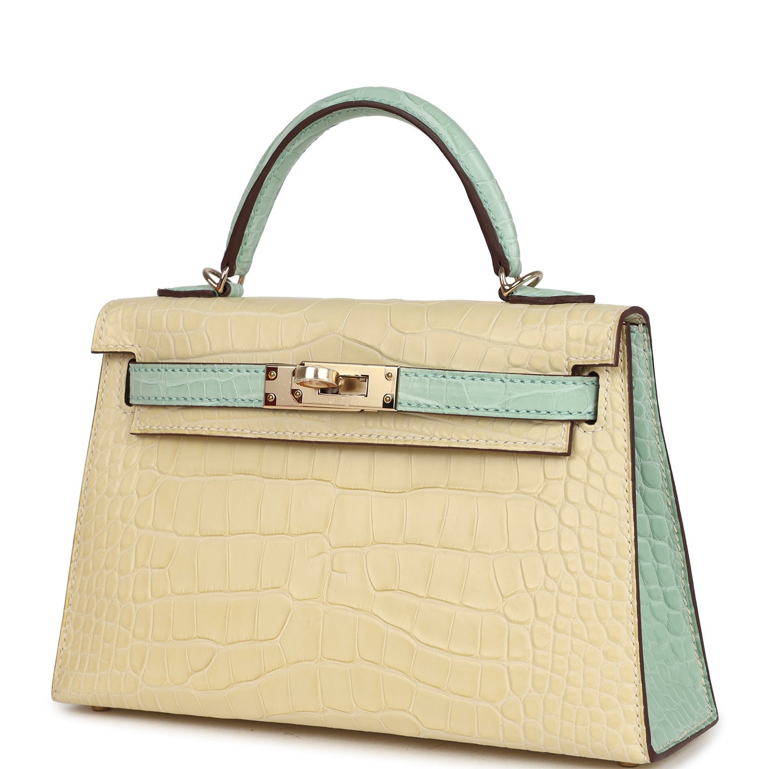 Hermes Special Order (HSS) Kelly Sellier 20 Vanille and Vert D'Eau Matte Alligator Permabrass Hardware