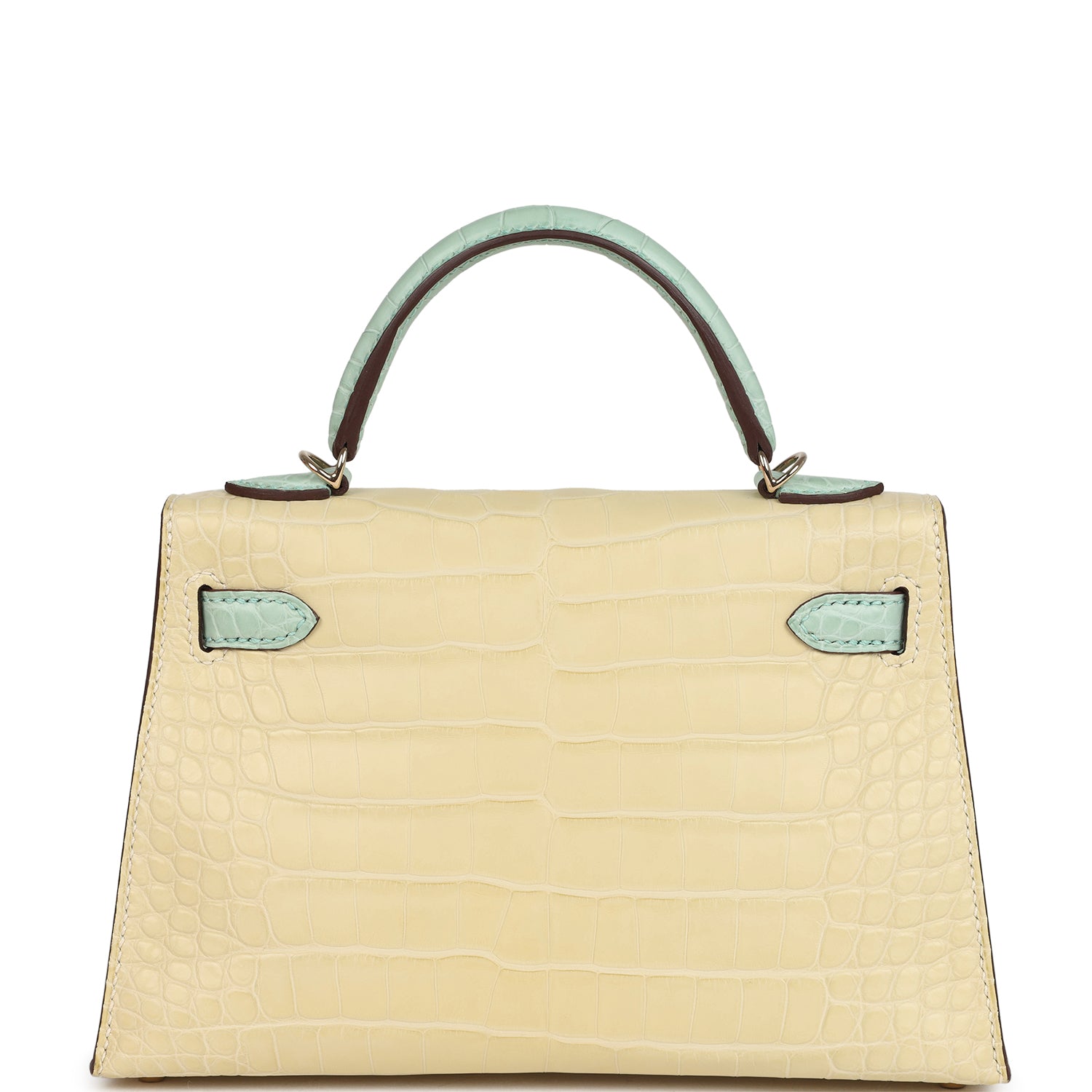 Hermes Special Order (HSS) Kelly Sellier 20 Vanille and Vert D'Eau Matte Alligator Permabrass Hardware