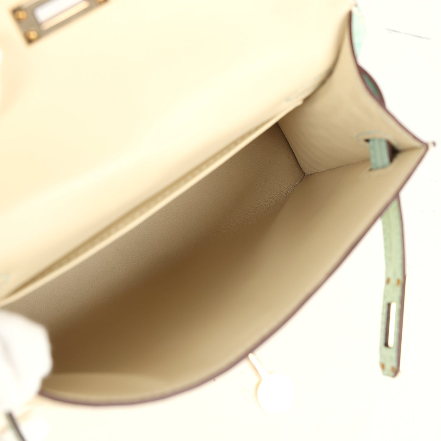 Hermes Special Order (HSS) Kelly Sellier 20 Vanille and Vert D'Eau Matte Alligator Permabrass Hardware