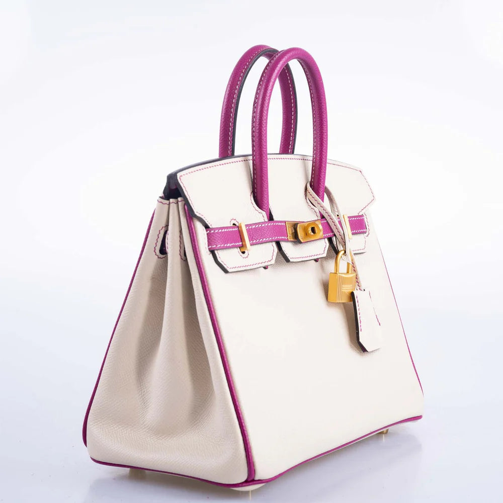 HERMÈS BIRKIN 25 HSS ROSE POURPRE AND CRAIE EPSOM WITH BRUSHED GOLD HARDWARE