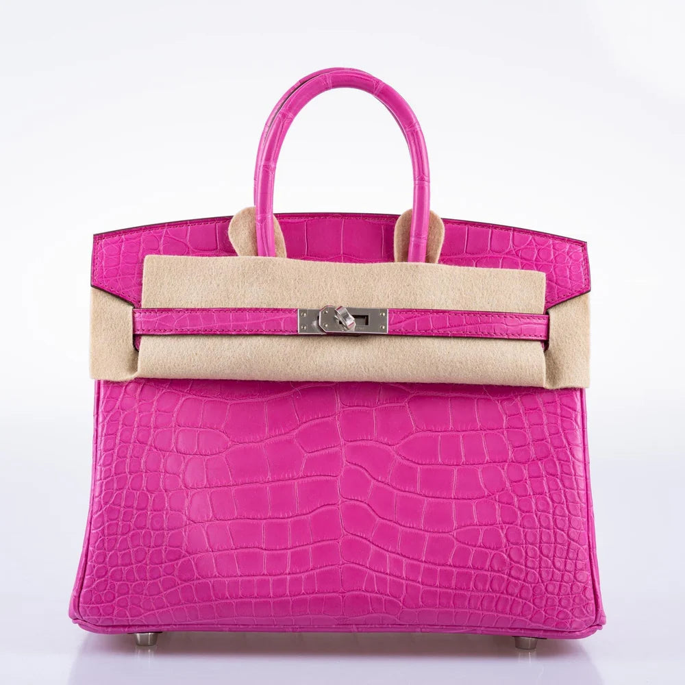 HERMÈS BIRKIN 25 ROSE SHOCKING MATTE ALLIGATOR PALLADIUM HARDWARE