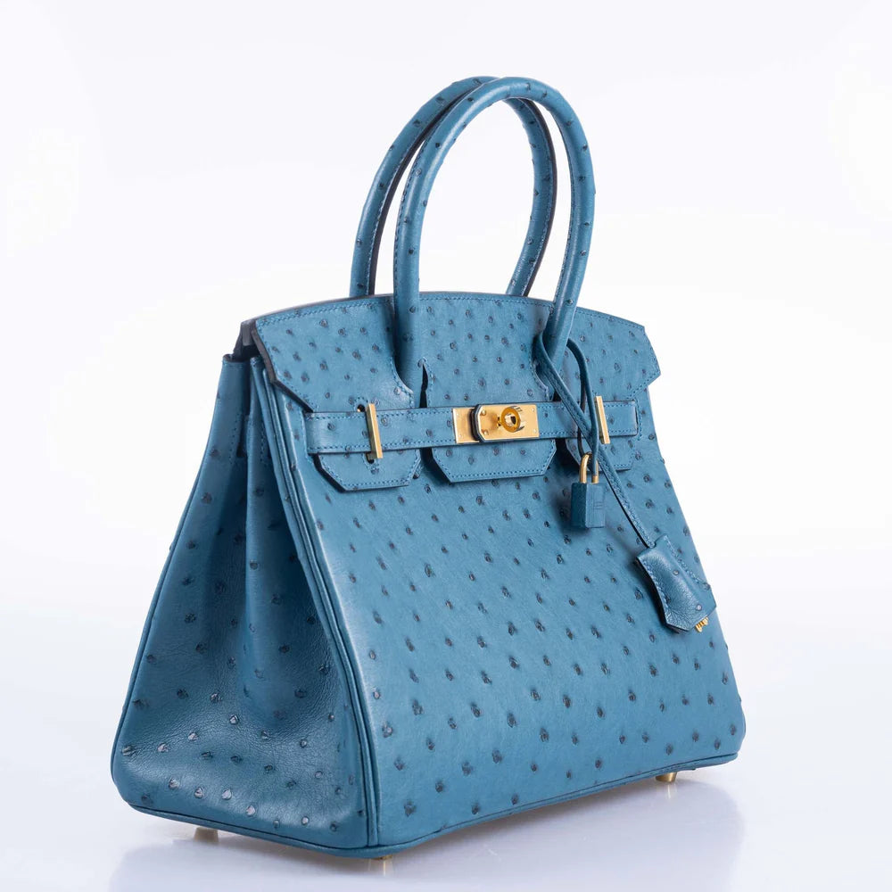 HERMES BIRKIN 30 BLUE COLVERT OSTRICH GOLD HARDWARE