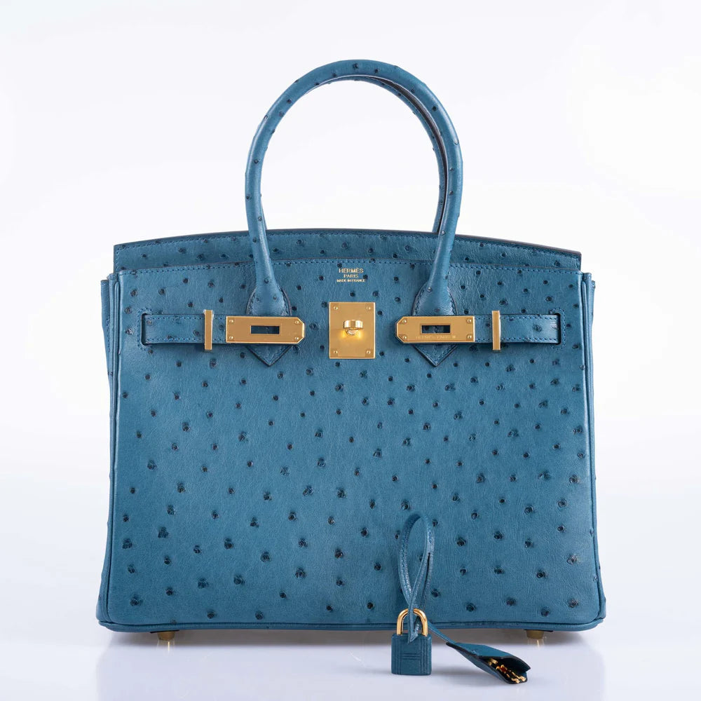 HERMES BIRKIN 30 BLUE COLVERT OSTRICH GOLD HARDWARE