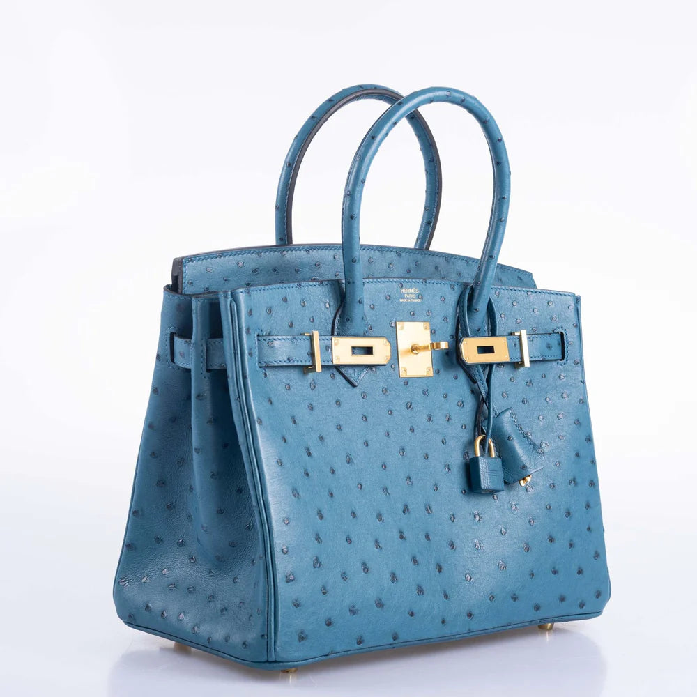 HERMES BIRKIN 30 BLUE COLVERT OSTRICH GOLD HARDWARE