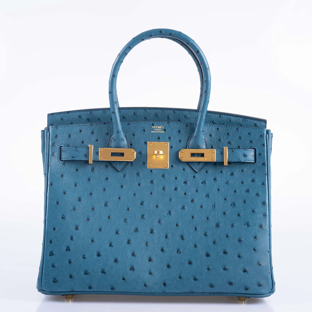 HERMES BIRKIN 30 BLUE COLVERT OSTRICH GOLD HARDWARE