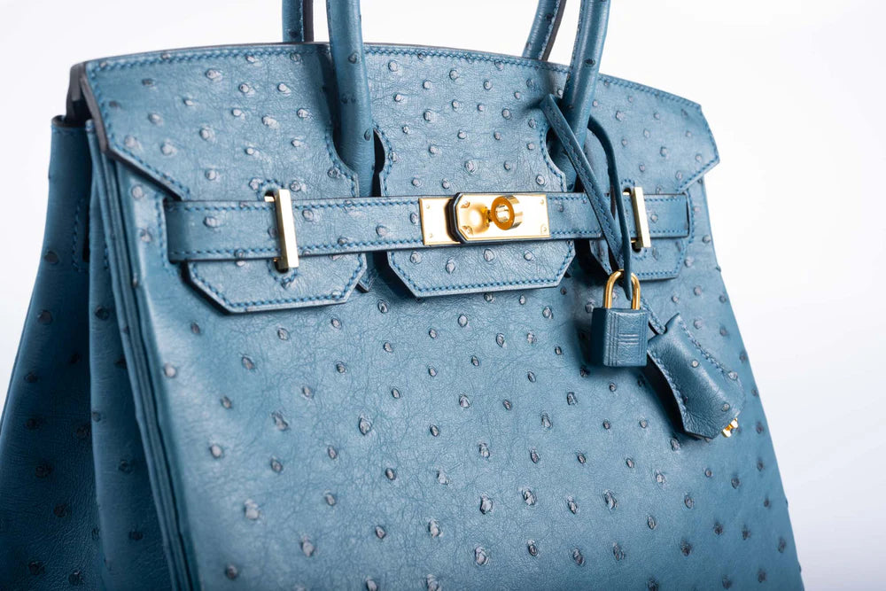 HERMES BIRKIN 30 BLUE COLVERT OSTRICH GOLD HARDWARE