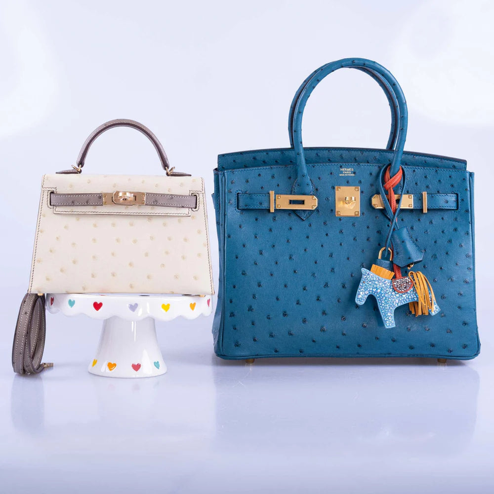 HERMES BIRKIN 30 BLUE COLVERT OSTRICH GOLD HARDWARE