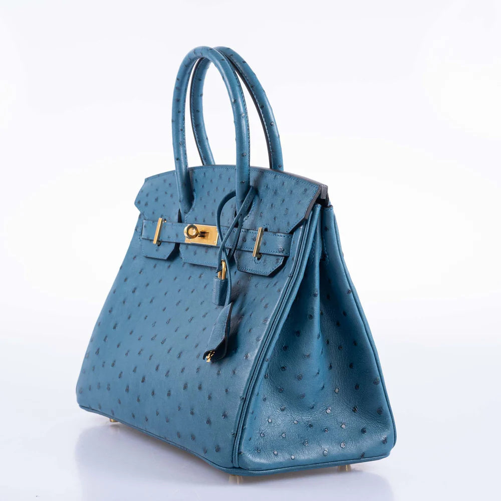 HERMES BIRKIN 30 BLUE COLVERT OSTRICH GOLD HARDWARE