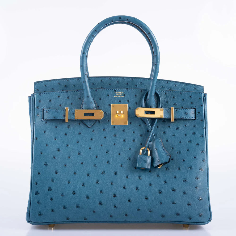 HERMES BIRKIN 30 BLUE COLVERT OSTRICH GOLD HARDWARE