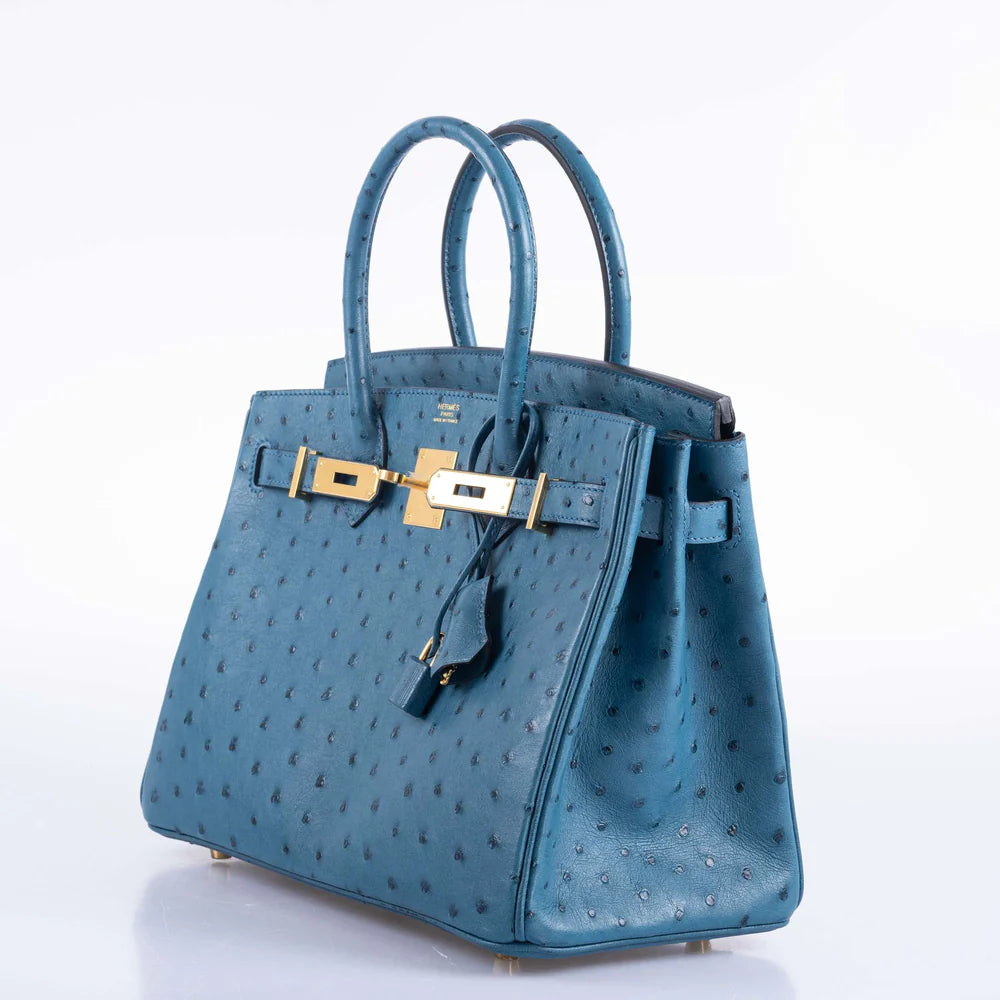 HERMES BIRKIN 30 BLUE COLVERT OSTRICH GOLD HARDWARE