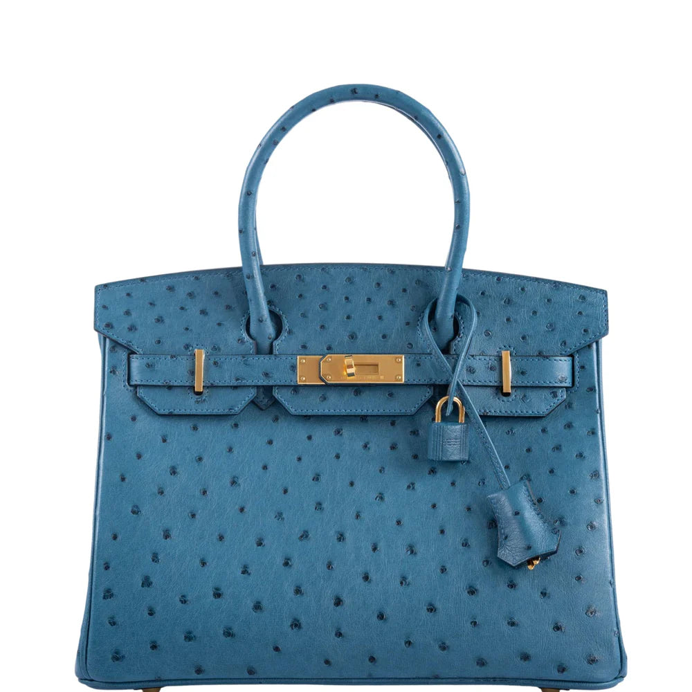 HERMES BIRKIN 30 BLUE COLVERT OSTRICH GOLD HARDWARE