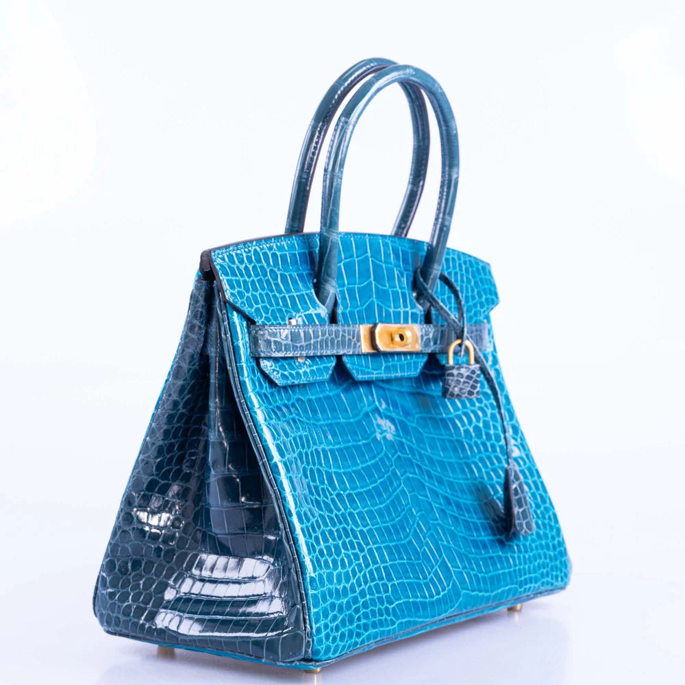 HERMÈS BIRKIN 30 HSS BLUE IZMIR AND BLUE COLVERT POROSUS CROCODILE BRUSHED GOLD HARDWARE