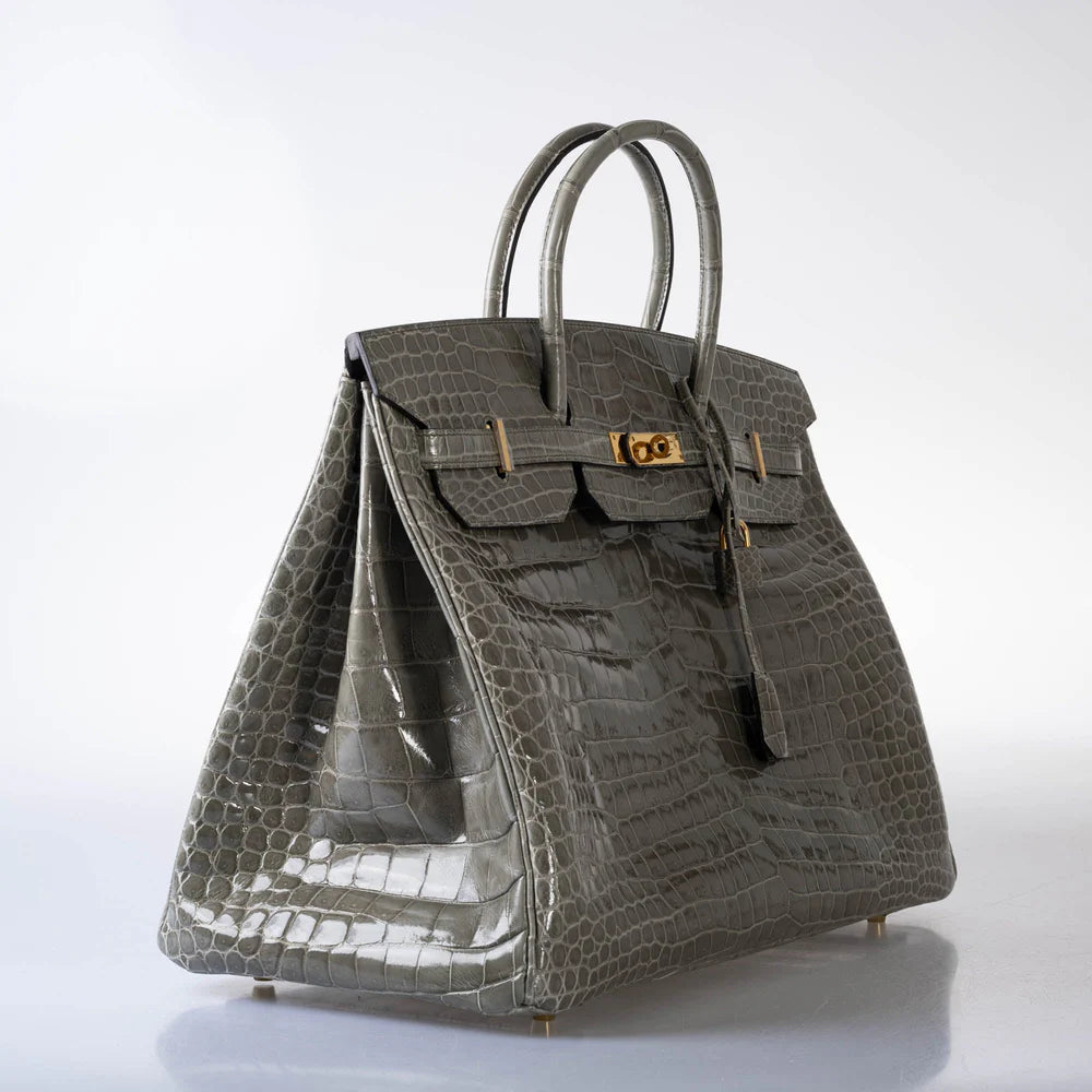 HERMÈS BIRKIN 40 GRIS TOURTERELLE SHINY POROSUS CROCODILE GOLD HARDWARE