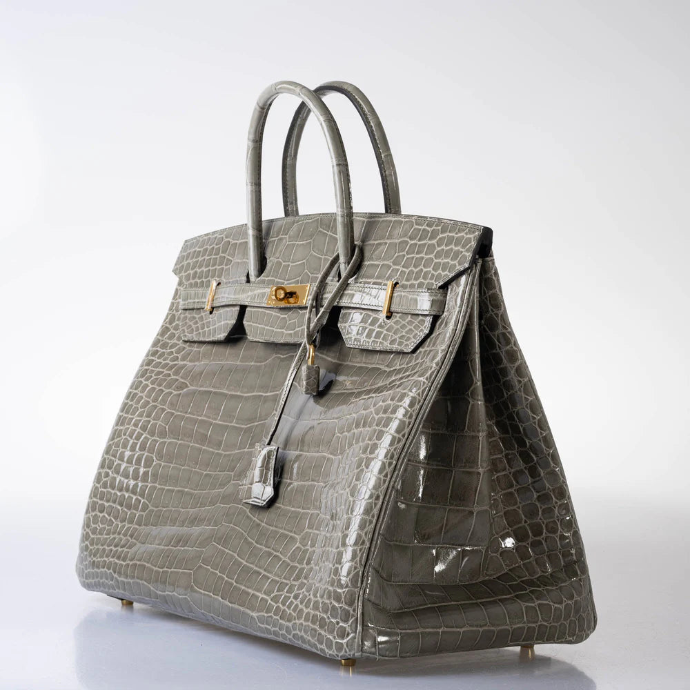 HERMÈS BIRKIN 40 GRIS TOURTERELLE SHINY POROSUS CROCODILE GOLD HARDWARE