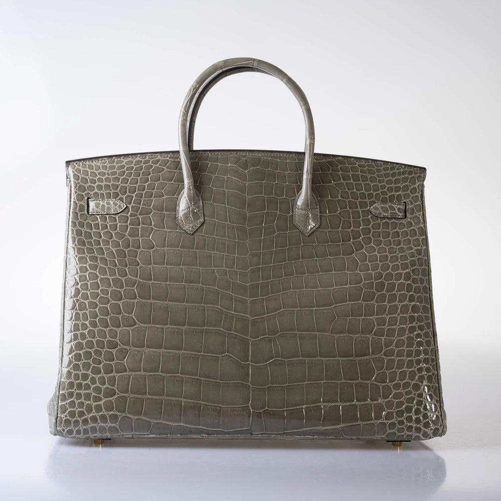 HERMÈS BIRKIN 40 GRIS TOURTERELLE SHINY POROSUS CROCODILE GOLD HARDWARE