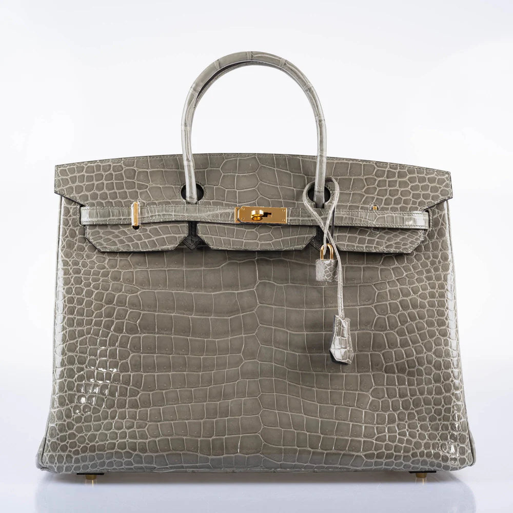 HERMÈS BIRKIN 40 GRIS TOURTERELLE SHINY POROSUS CROCODILE GOLD HARDWARE