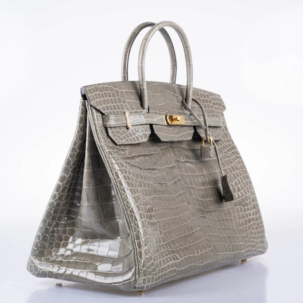 HERMÈS BIRKIN 40 GRIS TOURTERELLE SHINY POROSUS CROCODILE GOLD HARDWARE