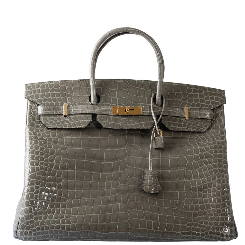 HERMÈS BIRKIN 40 GRIS TOURTERELLE SHINY POROSUS CROCODILE GOLD HARDWARE