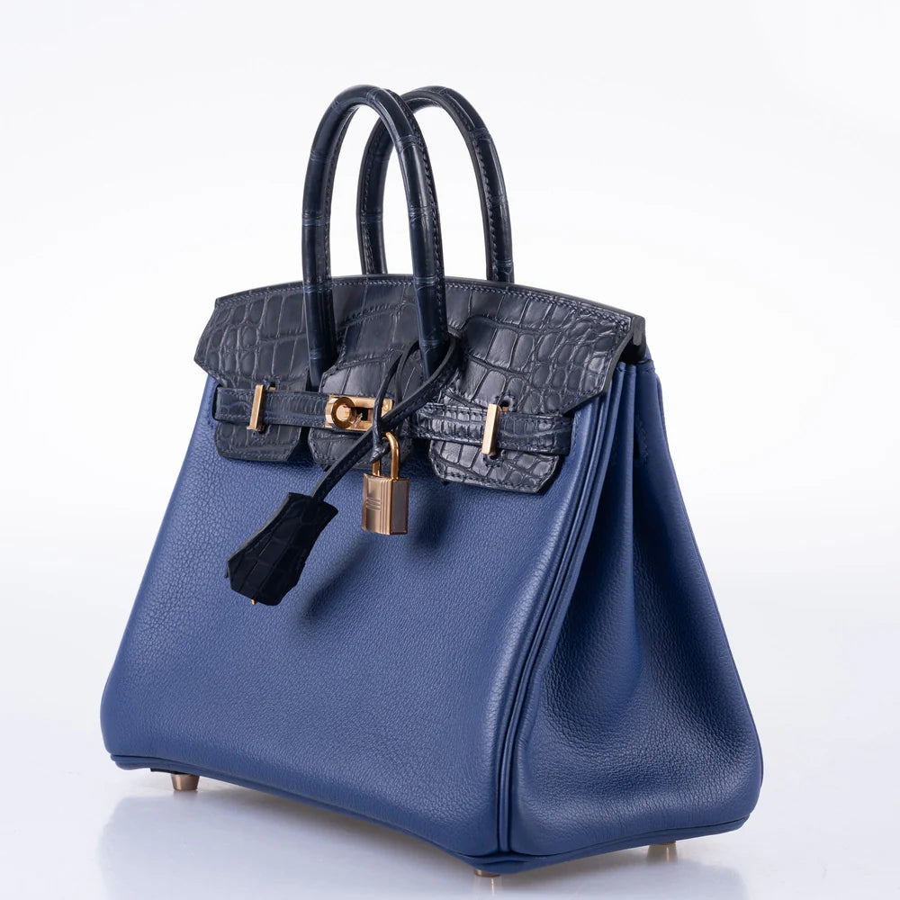 HERMÈS BIRKIN TOUCH 25 BLEU SAPHIR TOGO, BLEU MARINE MATTE ALLIGATOR ROSE GOLD HARDWARE