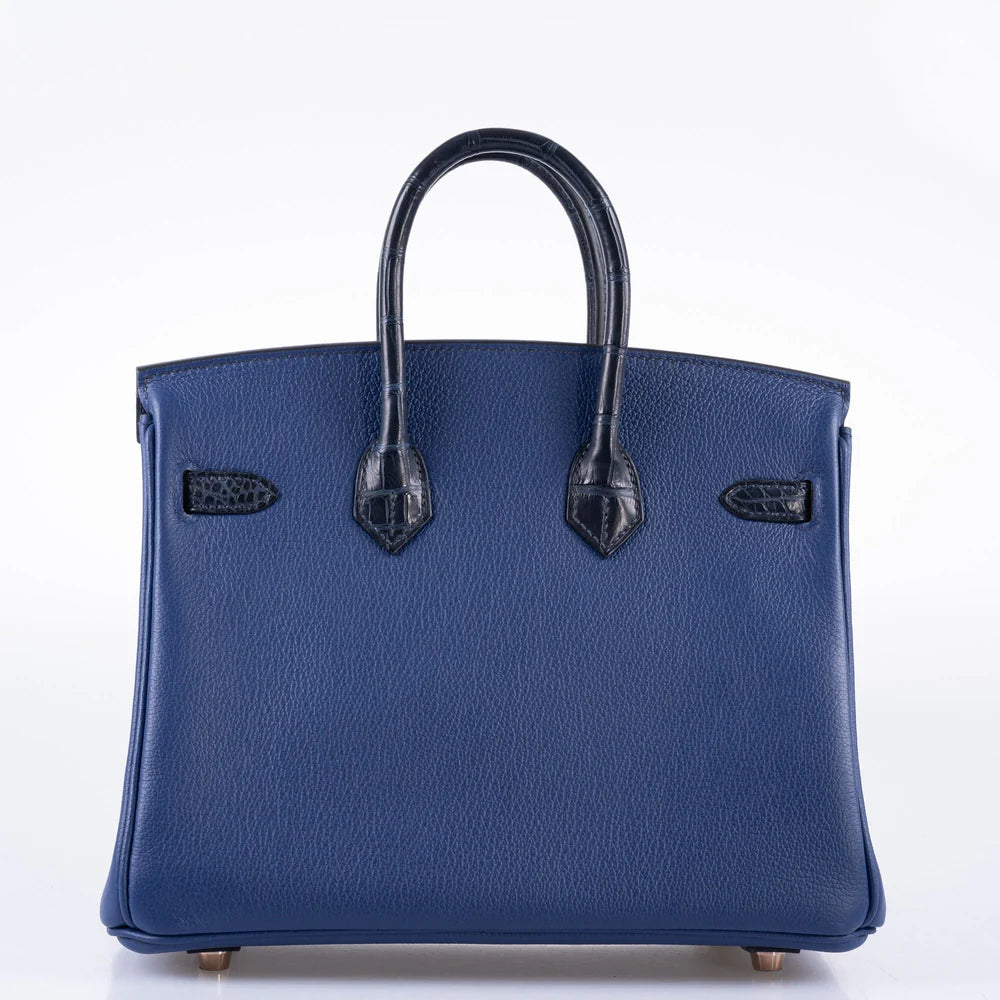 HERMÈS BIRKIN TOUCH 25 BLEU SAPHIR TOGO, BLEU MARINE MATTE ALLIGATOR ROSE GOLD HARDWARE