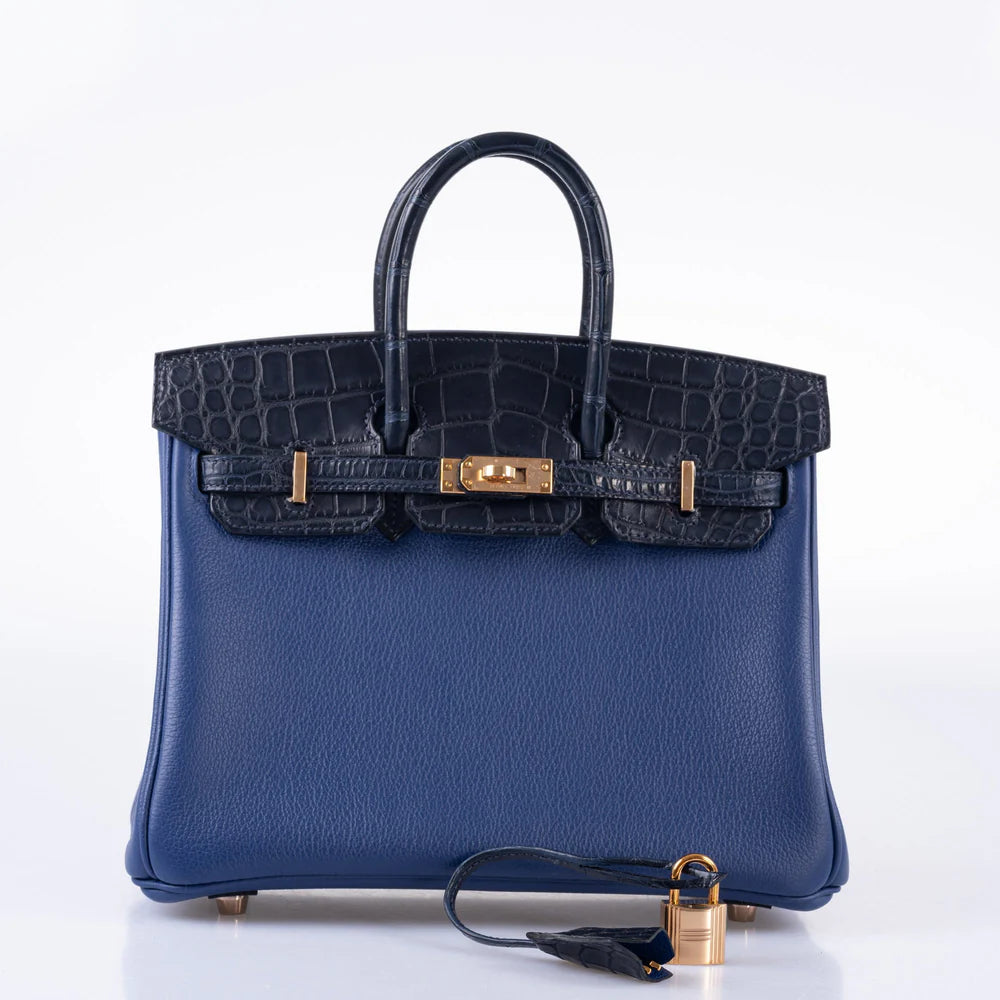 HERMÈS BIRKIN TOUCH 25 BLEU SAPHIR TOGO, BLEU MARINE MATTE ALLIGATOR ROSE GOLD HARDWARE