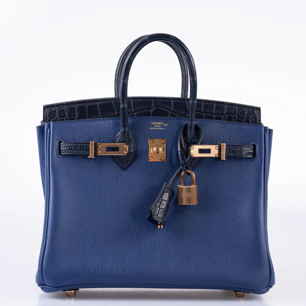 HERMÈS BIRKIN TOUCH 25 BLEU SAPHIR TOGO, BLEU MARINE MATTE ALLIGATOR ROSE GOLD HARDWARE