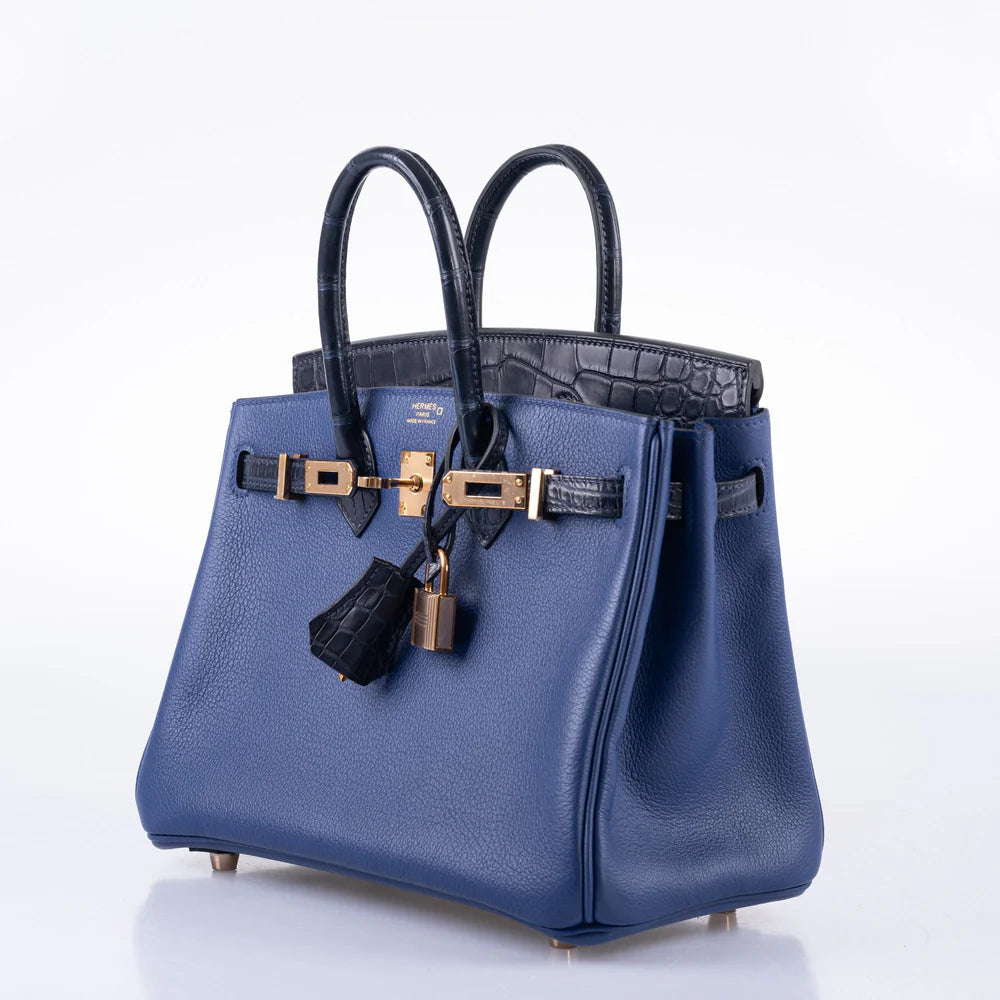 HERMÈS BIRKIN TOUCH 25 BLEU SAPHIR TOGO, BLEU MARINE MATTE ALLIGATOR ROSE GOLD HARDWARE