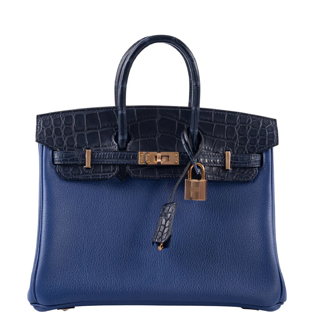 HERMÈS BIRKIN TOUCH 25 BLEU SAPHIR TOGO, BLEU MARINE MATTE ALLIGATOR ROSE GOLD HARDWARE