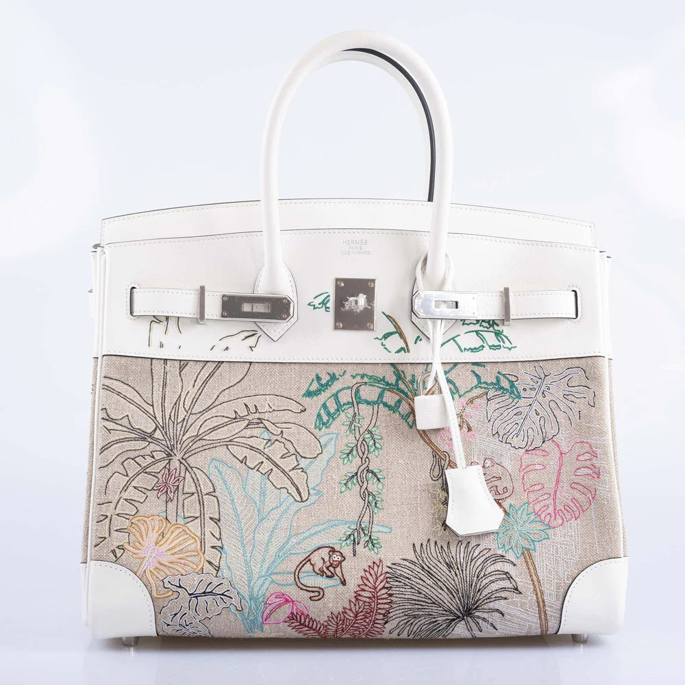 HERMES FAUBOURG TROPICAL BIRKIN 35 EMBROIDERED TOILE DE CAMP AND WHITE SWIFT PALLADIUM HARDWARE