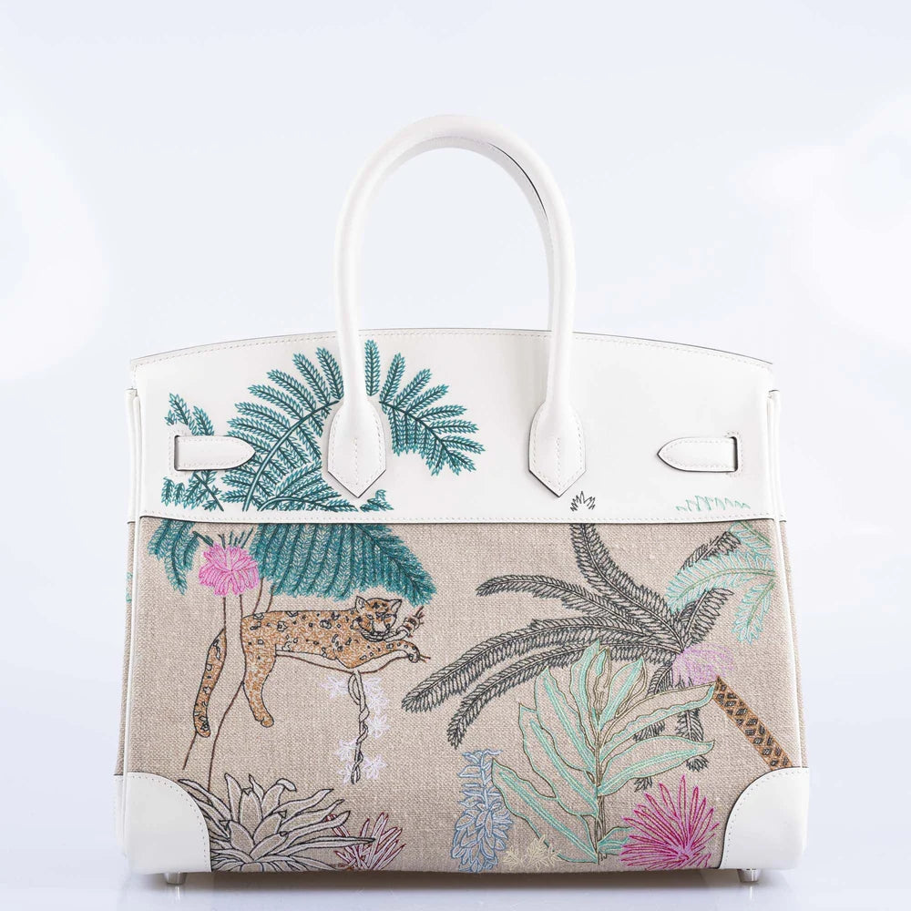 HERMES FAUBOURG TROPICAL BIRKIN 35 EMBROIDERED TOILE DE CAMP AND WHITE SWIFT PALLADIUM HARDWARE