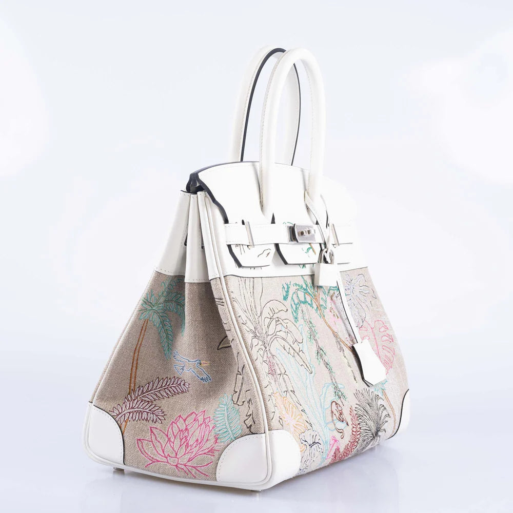 HERMES FAUBOURG TROPICAL BIRKIN 35 EMBROIDERED TOILE DE CAMP AND WHITE SWIFT PALLADIUM HARDWARE