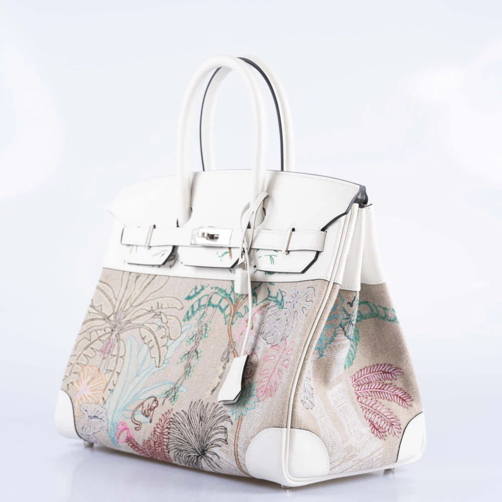 HERMES FAUBOURG TROPICAL BIRKIN 35 EMBROIDERED TOILE DE CAMP AND WHITE SWIFT PALLADIUM HARDWARE