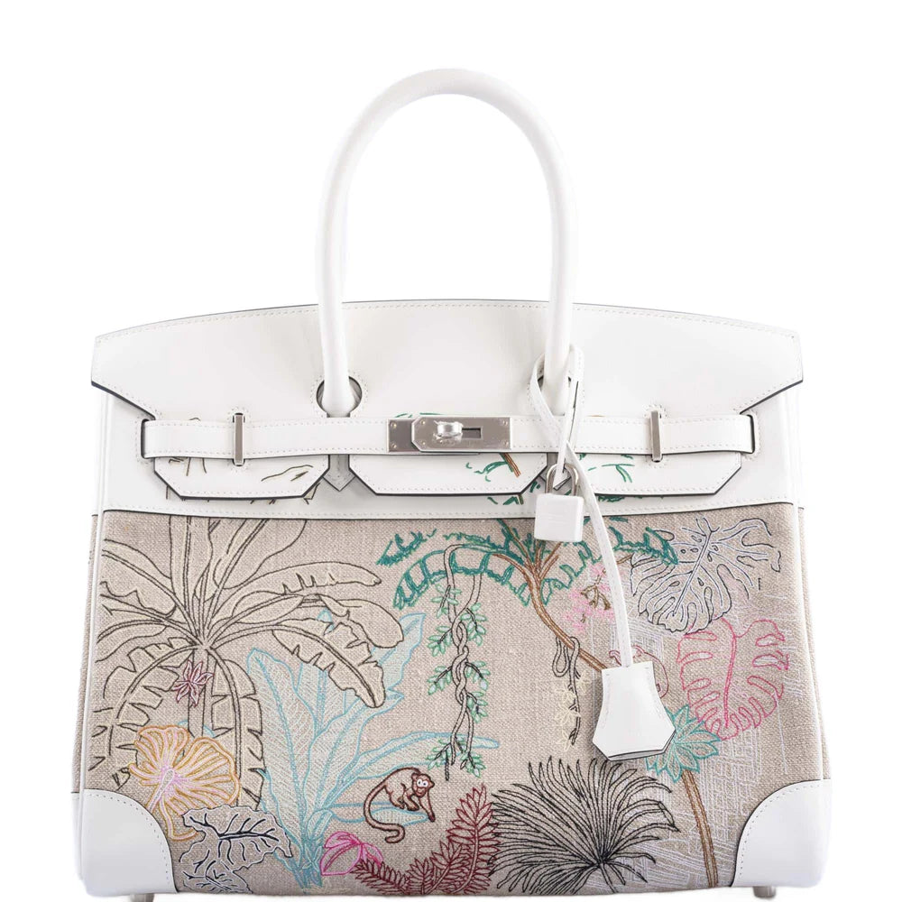 HERMES FAUBOURG TROPICAL BIRKIN 35 EMBROIDERED TOILE DE CAMP AND WHITE SWIFT PALLADIUM HARDWARE