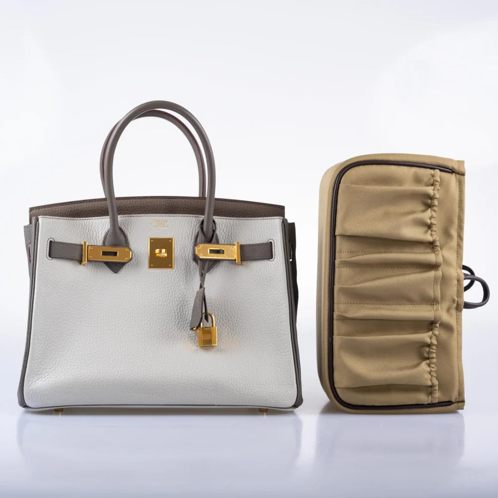 HERMÈS HSS BIRKIN 30 ETAIN, GRIS PERLE AND ETOUPE CLEMENCE GOLD HARDWARE