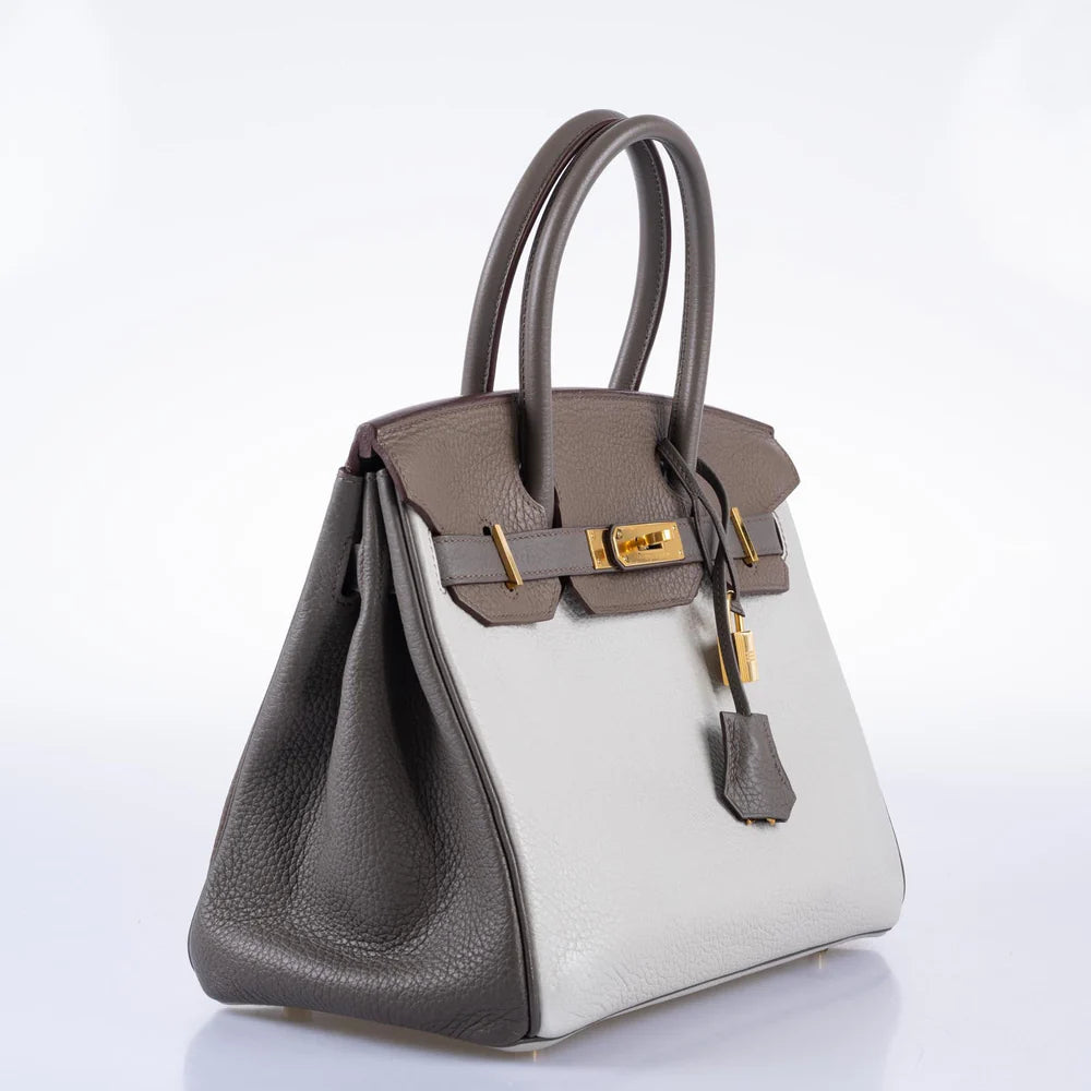 HERMÈS HSS BIRKIN 30 ETAIN, GRIS PERLE AND ETOUPE CLEMENCE GOLD HARDWARE