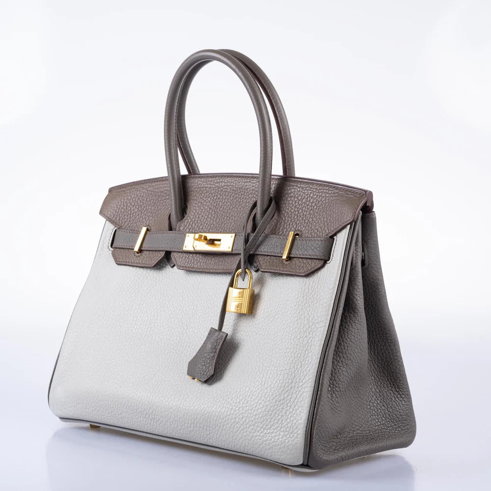 HERMÈS HSS BIRKIN 30 ETAIN, GRIS PERLE AND ETOUPE CLEMENCE GOLD HARDWARE