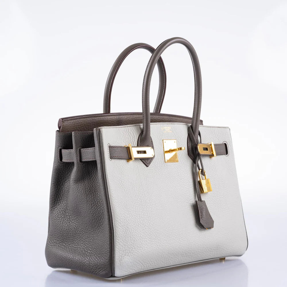 HERMÈS HSS BIRKIN 30 ETAIN, GRIS PERLE AND ETOUPE CLEMENCE GOLD HARDWARE