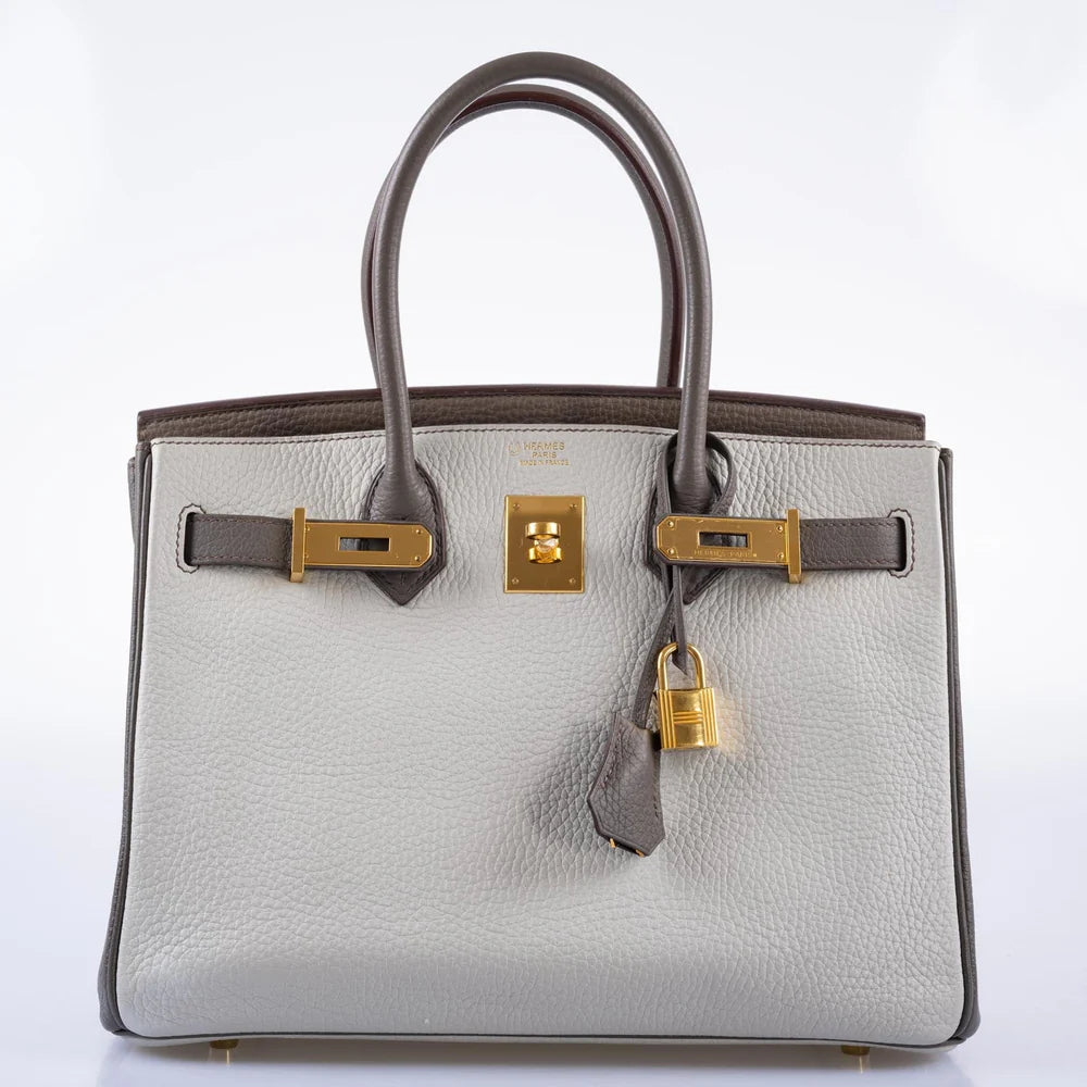 HERMÈS HSS BIRKIN 30 ETAIN, GRIS PERLE AND ETOUPE CLEMENCE GOLD HARDWARE