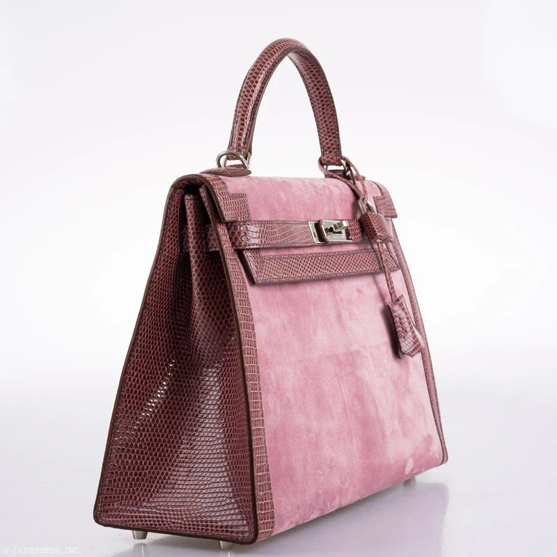 HSS Kelly 32 Sellier Mauve Lizard and Rose Indienne Doblis Suede Palladium Hardware